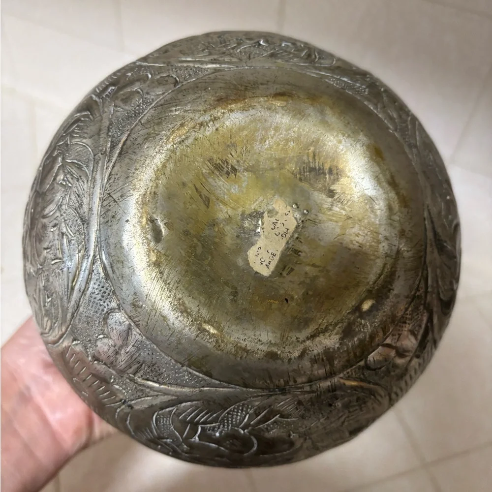 Vintage small round embossed brass vases